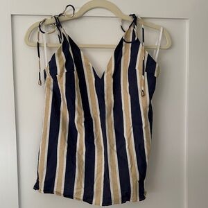 Sabo Skirt Striped Tie-Shoulder V-Neck Women's Tank Top - Navy & Tan